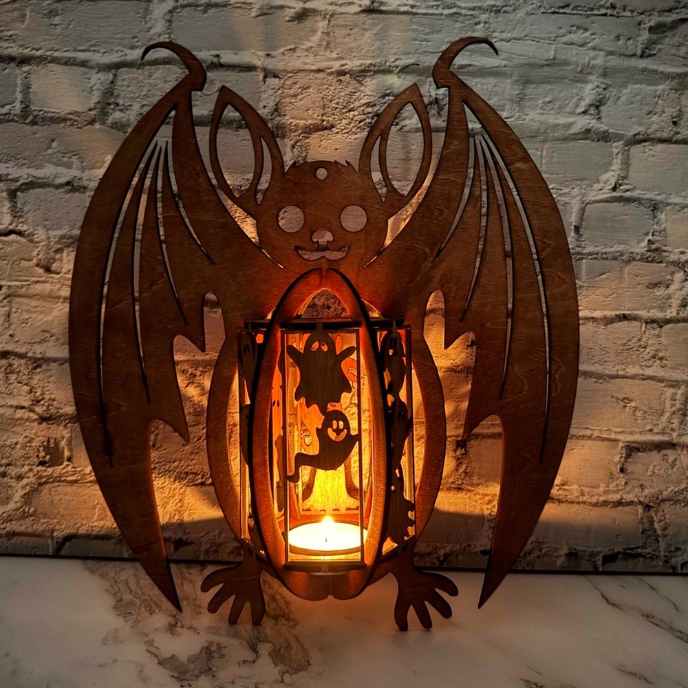 Laser Cut Wooden Bat Candle Holder – Halloween Decor, Handmade Gift